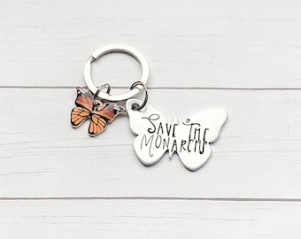 Save the Monarchs Butterfly Keychain, Charm, Metal Stamping, Handstamped, Hand Stamped, Handmade