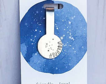 Aquarius Zodiac Constellation Folded Aluminum Bookmark, Book Lover Gift, Gift for Readers, Metal Stamping, Hand Stamped, Handmade