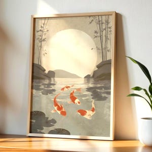 Japanese Koi Fish Print: Japandi Serene Full Moon, Wabi Sabi Wall Art (Digital Download)