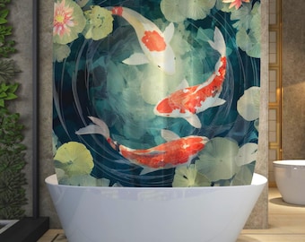 Cortina de ducha con diseño de estanque de peces koi japoneses / Decoración de baño con loto zen / Cortina de baño inspirada en la naturaleza / Spa en casa