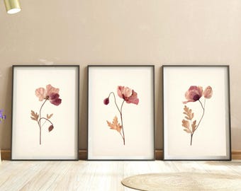 Pressed Flowers Art | Vintage Botanical Triptych | Purple & Pink Dry Pressed Poppy Flowers Print Set | Digital Download