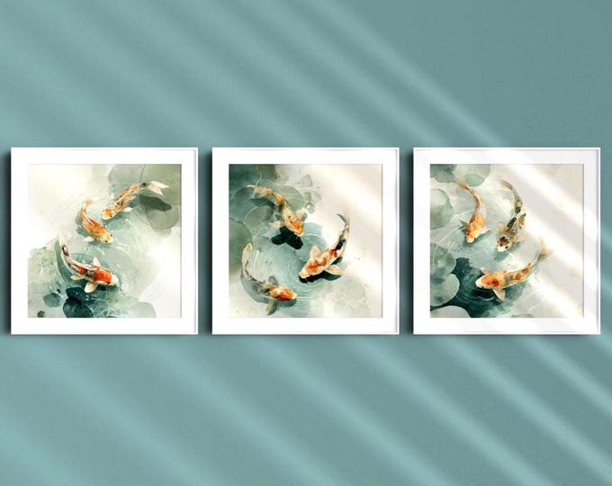 Koi Fish Painting 3 Piece Wall Art Abstract Print Set, Zen Artwork for ...