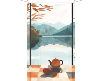 Paño de cocina japonés para salón de té / Paño de cocina con paisaje otoñal / Decoración asiática colorida / Regalo de inauguración de la casa y para anfitrionas