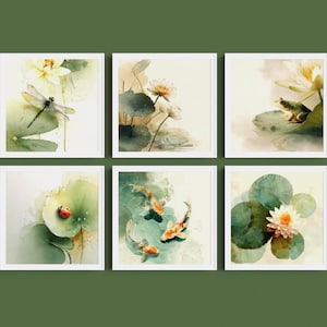 May include: Six framed watercolor prints featuring serene pond scenes. Each print showcases elements like dragonflies, koi fish, lily pads, and a frog. The artwork uses soft greens, yellows, and browns, creating a tranquil aesthetic.
