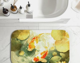 Koi Fish Pond Bath Mat | Bathroom and Home Spa Decor Rug, Housewarming Gift, Non-Slip Absorbent Shower Mat
