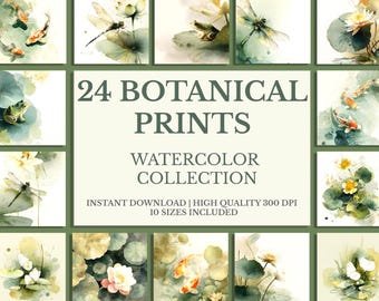 Puede incluir: Una colección de 24 láminas botánicas en acuarela. La obra presenta libélulas, carpas koi, nenúfares y flores en tonos verdes, amarillos y blancos. El texto dice "24 BOTANICAL PRINTS WATERCOLOR COLLECTION".