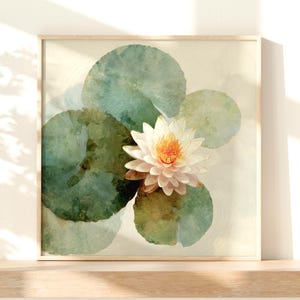 Water Lily and Lily Pad Wall Art – Botanical Print - Watercolor Wall Art - Floral Wall Print - White Lotus Print - Blooming Water Lilies