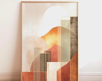 Boho Landscape Print | Terracotta Desert and Sunset over Mountains Wall Art | Abstract Geometric Decor (Digital Download)