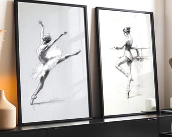 Ballerina Charcoal Sketch: Swan Lake Dance Studio Art, Ballet Art Print Set, Minimalist Monochrome Art, Digital Download Set of 2