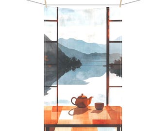 Paño de cocina japonés para salón de té / Paño de cocina con paisaje de montaña zen / Decoración asiática minimalista / Regalo de inauguración de la casa y para anfitrionas