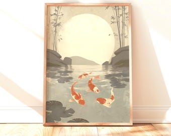 Japanse koivissen muurkunst print, minimalistische zen poster, maanverlichte rivierlandschap, Japandi decor, neutrale Aziatische kunst, digitale download