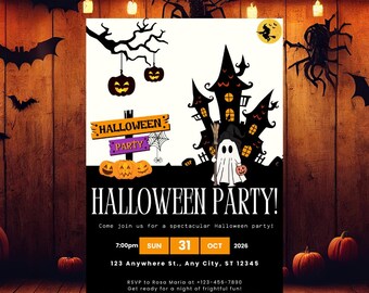 Può includere: Invito per una festa di Halloween con una casa infestata, un fantasma e zucche. L'invito include il testo "HALLOWEEN PARTY!" e i dettagli dell'evento. Lo sfondo presenta assi di legno, pipistrelli e luci decorative.