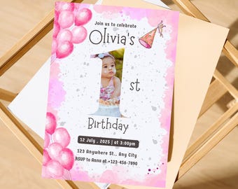 Pink Watercolor Balloons Birthday Invitation: Custom Photo Template (Digital Download, 5x7")