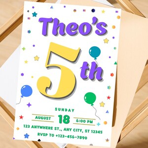 Colorful Kids Birthday Invitation Template: Editable Canva Party Invite (Digital Download, 5x7 inches)