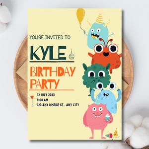 Convite de aniversário de monstro editável, convite fofo de desenho animado de monstros, modelo de aniversário do Canva, cartão de aniversário de menino e menina, convite colorido divertido