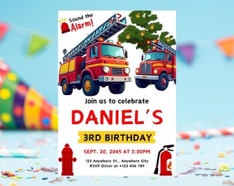 May include: A birthday party invitation featuring two red fire trucks with ladders. The invitation reads "Sound the Alarm!" and "Join us to celebrate DANIEL'S 3RD BIRTHDAY." Additional details include the date, time, and RSVP information.