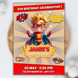Superhero Birthday Invitation Editable Canva Template Boy Kids Comic Style Party Invite Digital Download Personalized Printable Card Hero