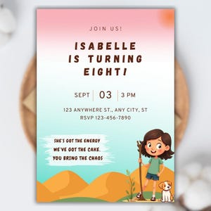 Convite de aniversário para meninas, convite digital engraçado e editável para festa, estilo desenho animado fofo, modelo de cartão de aniversário infantil para impressão, deserto, 8º aniversário