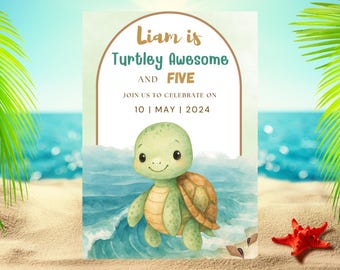 Watercolor Turtle Birthday Invitation: Kids Party, Canva Template (Digital Download 5x7in PDF/JPG)