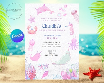 Pink Ocean Birthday Invitation, Girl Undersea Party, 7th Party Invite (Digital Download, Canva Template)