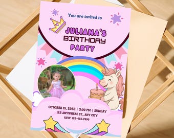 Unicorn Birthday Invitation: Pink Rainbow Party, Photo Template Digital Download, 5x7"