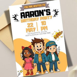 May include: A birthday party invitation with the text "YOU ARE INVITED TO AARON'S BIRTHDAY PARTY" in black and yellow. The invitation features cartoon illustrations of three children and the date, time, and location of the party. An envelope is in the background.