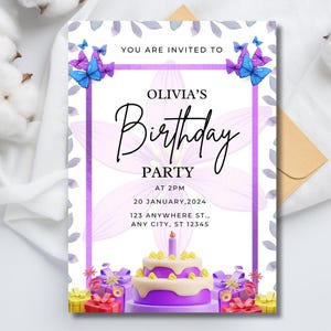 Invito di compleanno a farfalla per ragazze, modello di invito per festa di compleanno viola e blu, modificabile, download immediato, invito digitale per festa di compleanno
