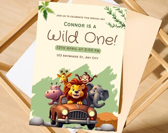 Wild One Safari Birthday Invitation: Jungle Animals, Editable Canva Template Digital Download