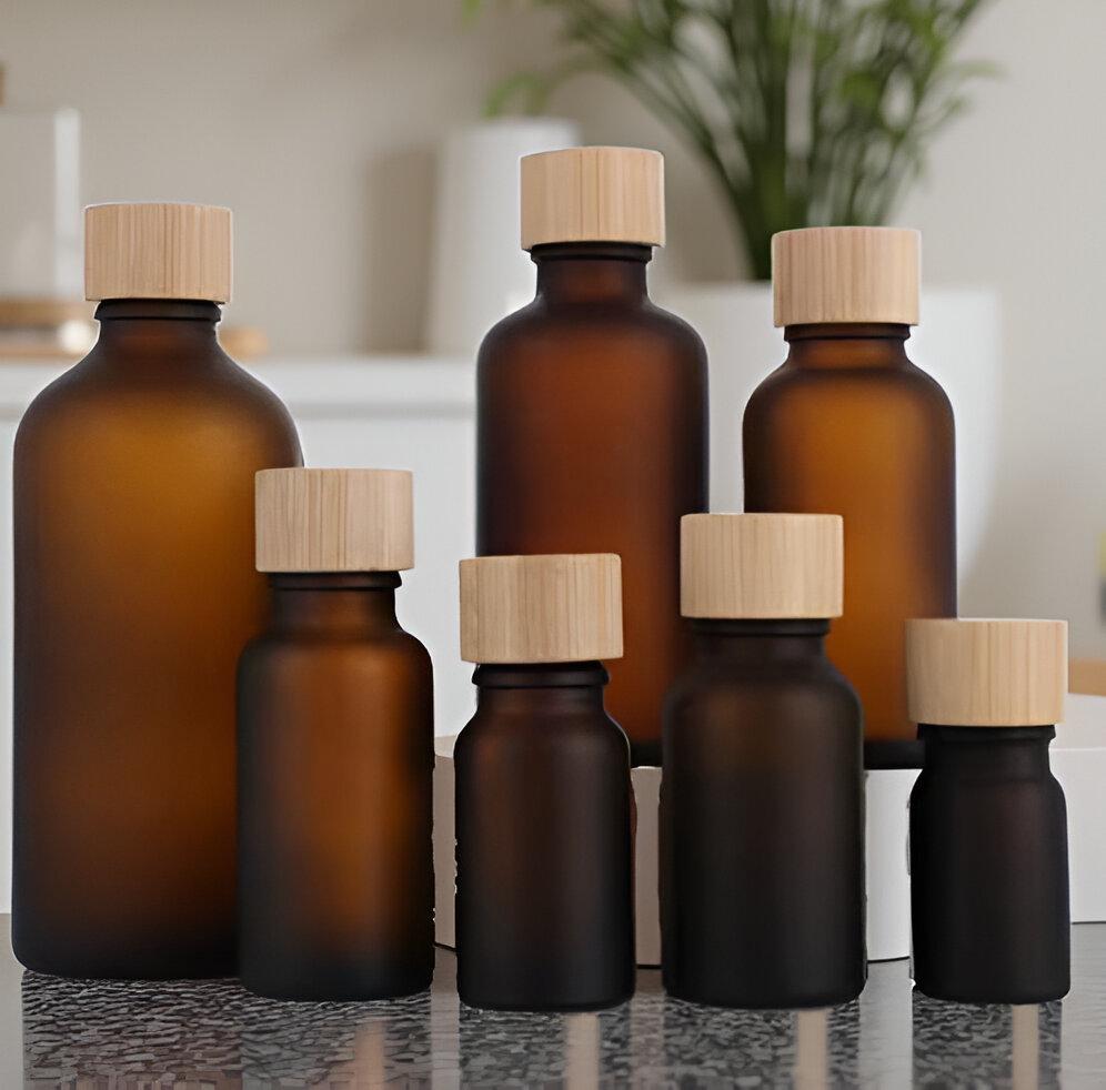 Amber Glass Bottles with Bamboo Cap, Refillable Jars for Essential Oils, Serums, Cosmetics or DIY Skincare, Eco-Friendly Packaging Set