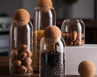 Glass Storage Jar with Cork Ball, Airtight Kitchen Canister for Pasta, Coffee, Spices, Snacks, Modern Minimalist Container