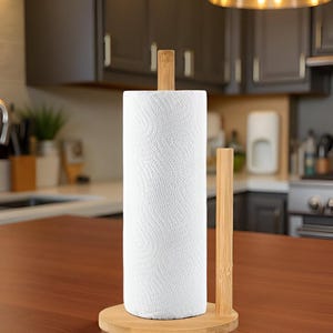 Bamboo Paper Towel Holder: Minimalist Kitchen Roll Stand with Tear Arm