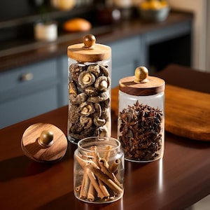 Glass Spice Jars with Acacia Wood Lids, Airtight Kitchen Storage