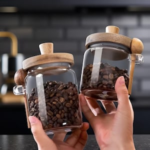 Airtight Glass Kitchen Canister: Rustic Wooden Lid & Spoon - Coffee, Tea, Spices