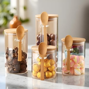 Glass Storage Jar with Bamboo Lid & Spoon, Airtight Kitchen Canister for Spices, Tea, Coffee or Candy, Clear Pantry Organizer Set