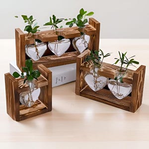 Herzförmige Glasvasen mit Holzrahmen DIY-Terrarium, Desktop-Blumentopf, Tischdekoration, minimalistisches Wohndekor