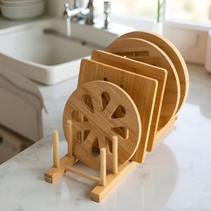 Wooden Dish Drying Rack, Bamboo Plate Organizer for Countertop or Cabinet, Compact Kitchen Stand for Lids, Cutting Boards or Dishes