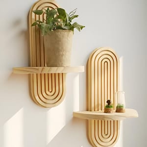 Boho Wooden Wall Shelf Geometric Wood Wall Decor, Natural Finish Hanging Shelf, Modern Plant Display for Home Decoration