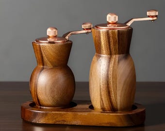 Wood Salt and Pepper Grinder Set Manual Crank Mills with Copper Handle Rustic Kitchen Tool with Wooden Base Spice Organizer