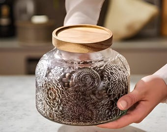 Embossed Glass Kitchen Canister with Wooden Lid: Airtight Food Storage