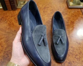 Handmade Navy Blue Leather and Grey Suede Tassel Loafers, Luxury Men's Formal Dress Shoes