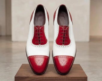 Red White Spectator Shoes Men's Leather Wingtip Oxfords Two Tone Brogue Formal Dress Footwear