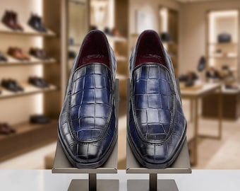 Luxury Navy Blue Embossed Leather Loafers, Men’s Handmade Formal Wedding Shoes, Croc Pattern Slip-ons