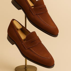 Handcrafted Brown Suede Penny Loafers | Elegant Leather Sole Slip-On Shoes for Men