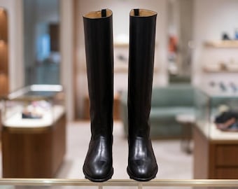 Handgefertigte Schwarze Leder Reitstiefel Minimalistische Knie Hohe Reitermode Hohe Schlichte Offizier Stil