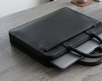 Minimalist Black Leather Laptop bag Slim Structured Professional Work Bag Men Women Gift