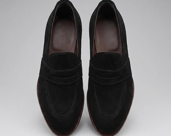 Handmade Black Suede Penny Loafers Men’s Dress Shoes Luxury Dark Brown Sole Groom Gift