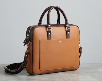Two Tone Leather Formal Laptop Bag Minimalist | Professional Slim Computer Messenger Bag