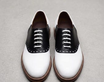 Black White Leather Saddle Shoes Vintage Style Oxford Footwear Classic Two Tone Brogue Shoes