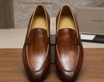 Handmade Men's Brown Leather Loafers, Luxury Slip On Dress Shoes, Groomsmen Gift, Formal Flats