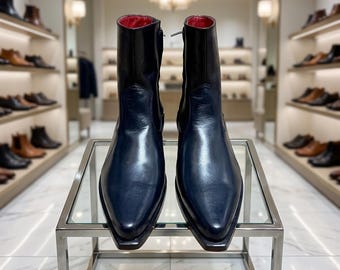 Botas largas de cuero azul marino para hombre con punta cuadrada, hechas a mano al estilo italiano.